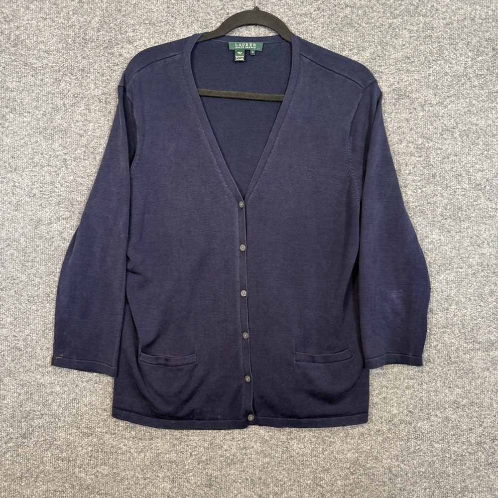 Lauren Ralph Lauren Cardigan Sweater Womens XL Blue Silk Blend‎ Old Money Luxury